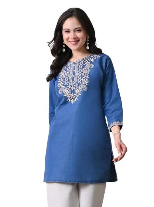 Women's Blue Denim Straight Kurti with Beige Embroidery