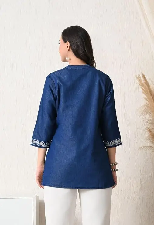 Denim Blue with Off White Embroidered Short Kurti - Image 6
