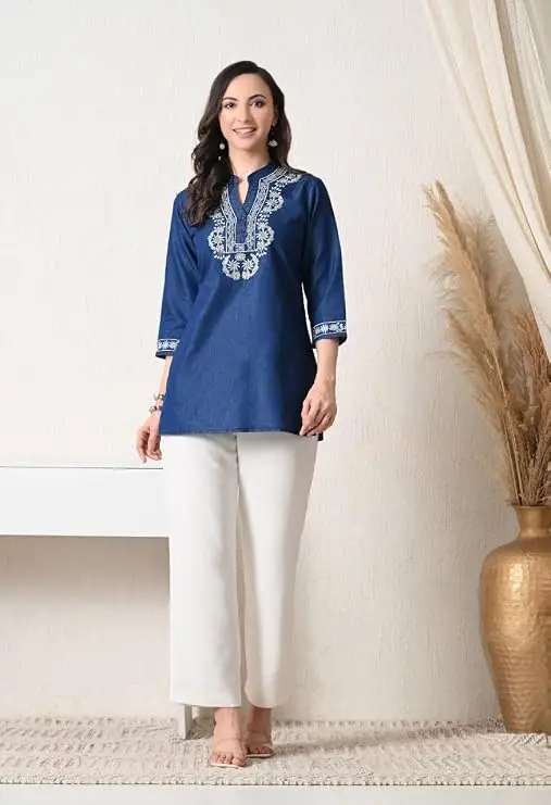Denim Blue with Off White Embroidered Short Kurti - Image 5