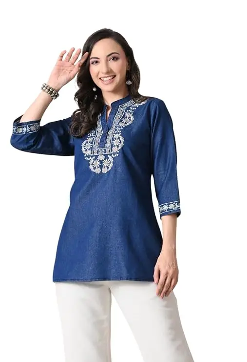 Denim Blue with Off White Embroidered Short Kurti