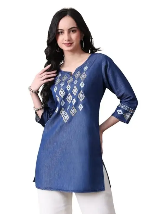 Denim Blue Geometric Pattern Embroidered Short Kurti