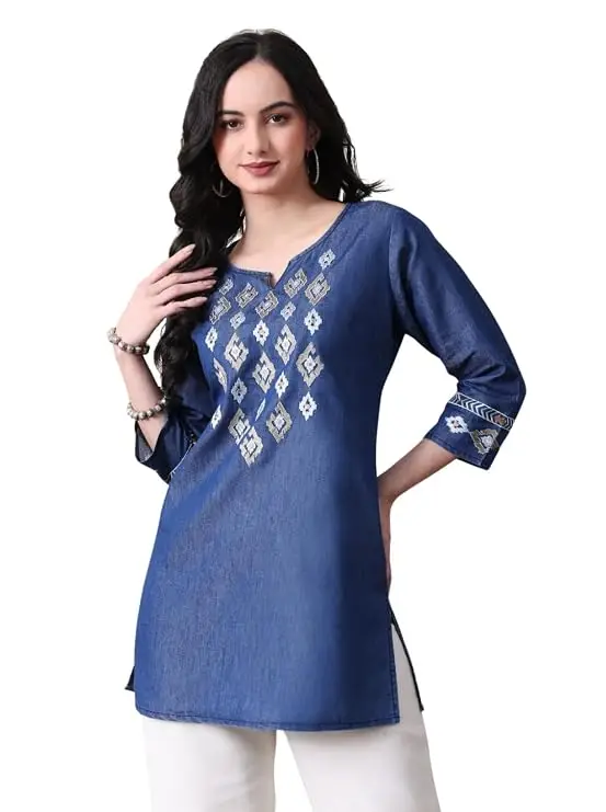 Denim Blue Geometric Pattern Embroidered Short Kurti