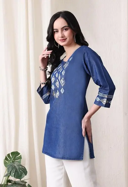 Denim Blue Geometric Pattern Embroidered Short Kurti - Image 3