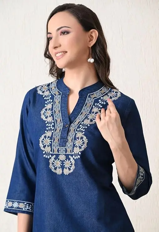 Denim Blue with Off White Embroidered Short Kurti - Image 4