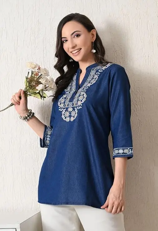 Denim Blue with Off White Embroidered Short Kurti - Image 3