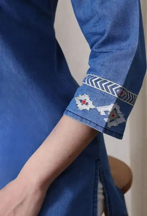 Denim Blue Geometric Pattern Embroidered Short Kurti - Image 5