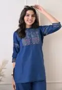 Denim Coord Set – Embroidered Kurti with Wide-Leg Pants