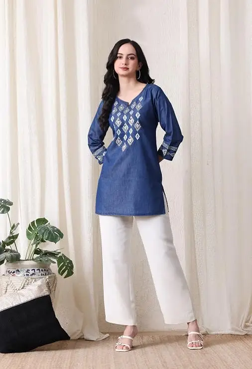 Denim Blue Geometric Pattern Embroidered Short Kurti - Image 4