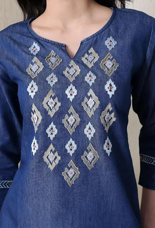 Denim Blue Geometric Pattern Embroidered Short Kurti - Image 6