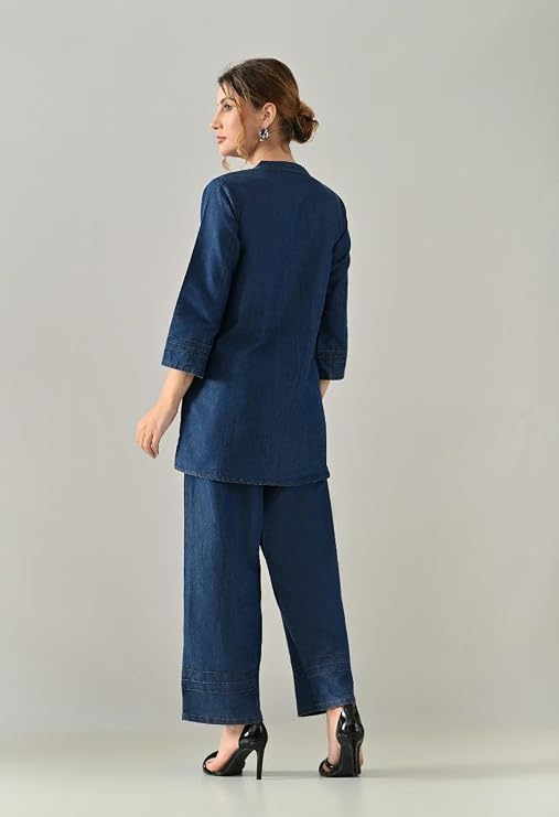 Denim Stitching Pattern Coord Set | 3/4 Sleeve | Pant With Half Elastic And Draw Strings - Image 5