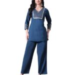 Women's Cotton Slub Embroidered Co-ord Set - Dusty Blue