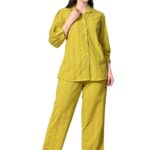 Women's Schiffli Embroidered Cotton Co-ord Set Plus Size - Moss Mustard