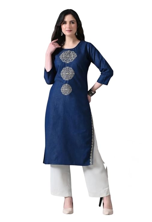 Denim Beige Round Embroidered Straight Long Kurti