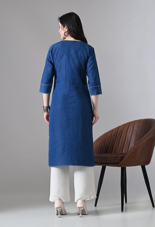 Denim Beige Round Embroidered Straight Long Kurti - Image 3