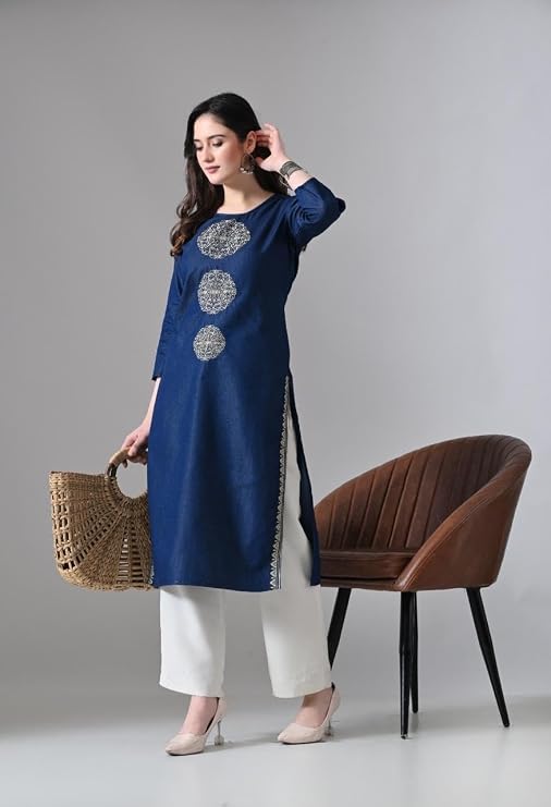 Denim Beige Round Embroidered Straight Long Kurti - Image 4