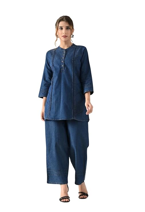 Denim Stitching Pattern Coord Set | 3/4 Sleeve | Pant With Half Elastic And Draw Strings
