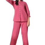 Women's Schiffli Embroidered Cotton Co-ord Set Plus Size - Dark Pink