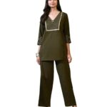 Women's Cotton Slub Embroidered Co-ord Set - Dark Olive Green
