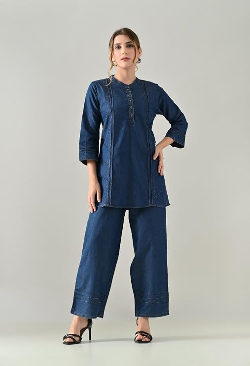 Denim Stitching Pattern Coord Set | 3/4 Sleeve | Pant With Half Elastic And Draw Strings - Image 3