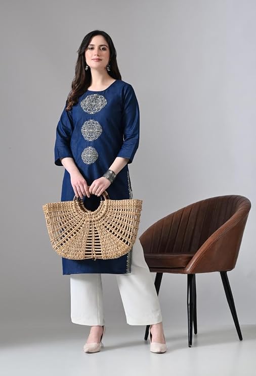 Denim Beige Round Embroidered Straight Long Kurti - Image 5