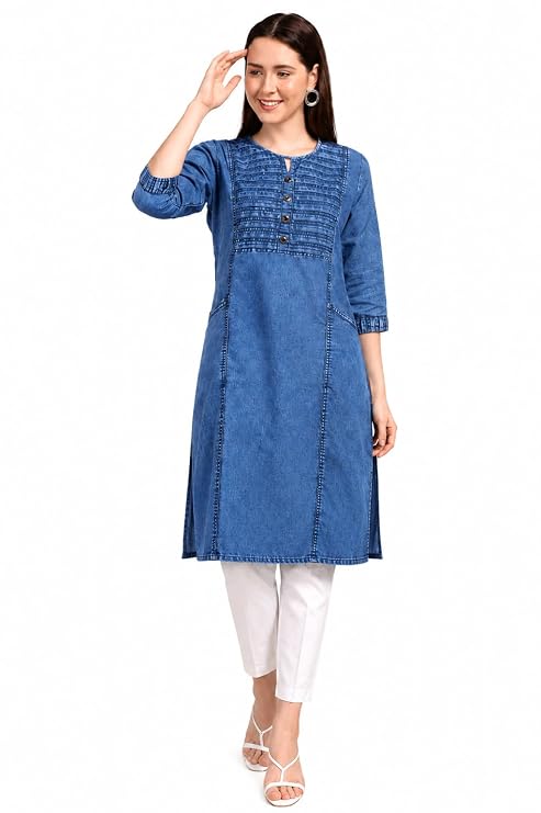 Denim Kurti, Blue, Round Neck with Keyhole