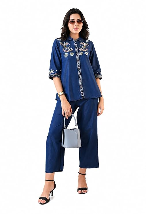 Elegant Denim Style with a Touch of Artistic Embroidered Coord Sets