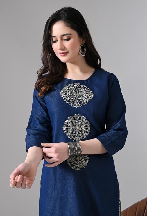 Denim Beige Round Embroidered Straight Long Kurti - Image 6