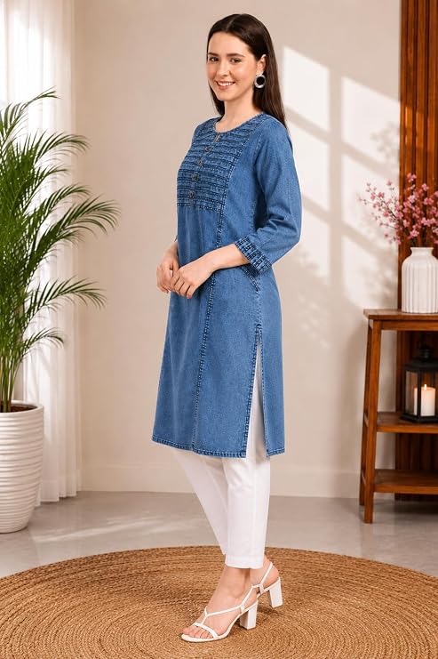 Denim Kurti, Blue, Round Neck with Keyhole - Image 3