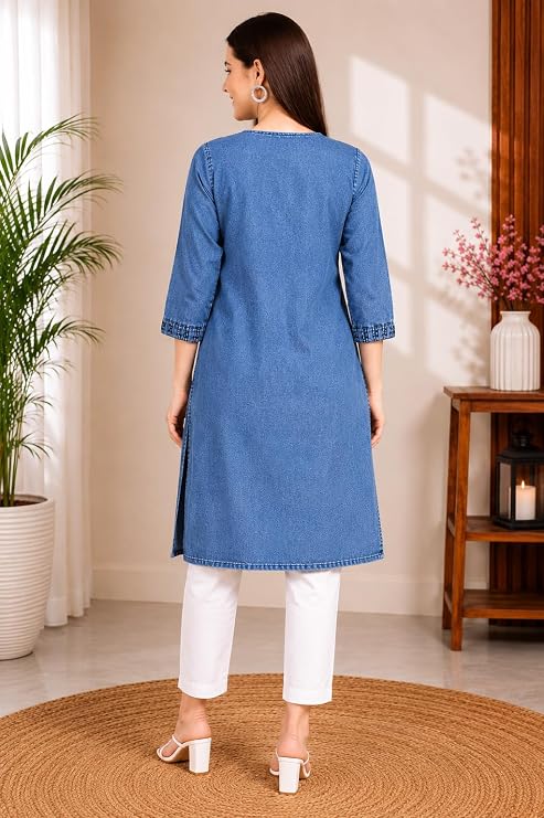Denim Kurti, Blue, Round Neck with Keyhole - Image 4