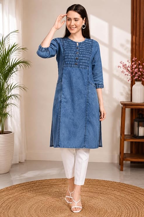 Denim Kurti, Blue, Round Neck with Keyhole - Image 5