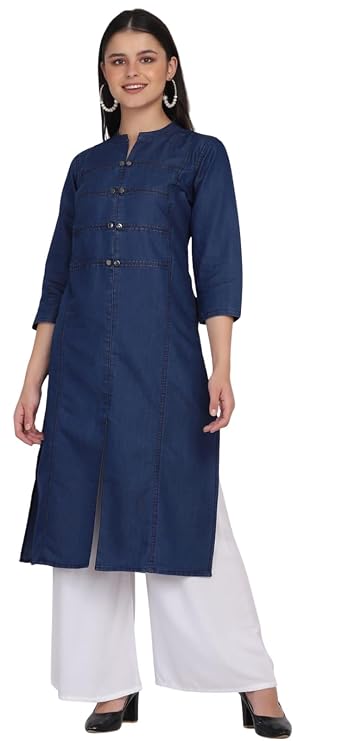 Women's Denim Long Straight Kurti with 8 Button Loop Design | Stylish Casual Ethnic Wear