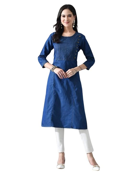 Indigo Blue Denim Long Kurti with Pleated and Side Button Detailing on Yoke