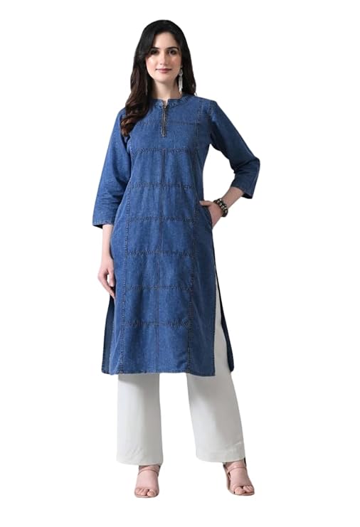 Women's Blue Denim Long Kurti with Zip Front — Casual & Chic
