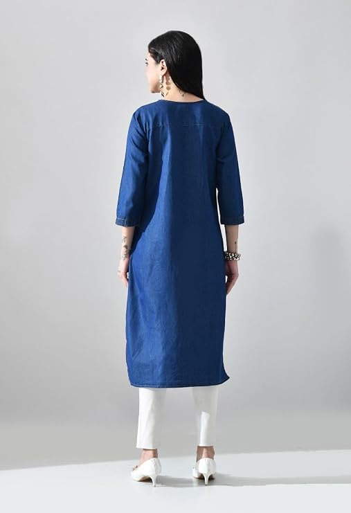 Indigo Blue Denim Long Kurti with Pleated and Side Button Detailing on Yoke - Image 5