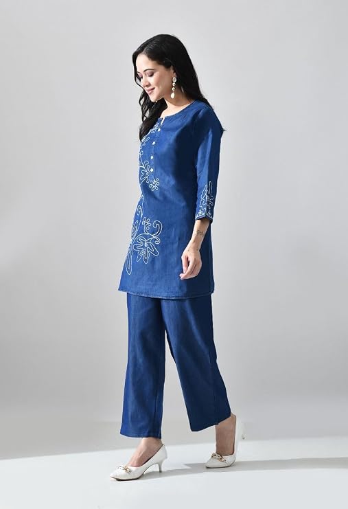Denim Dori Work Dark Blue Coord Set | White Floral Embroidery - Image 4