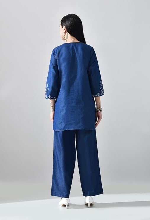 Denim Dori Work Dark Blue Coord Set | White Floral Embroidery - Image 3