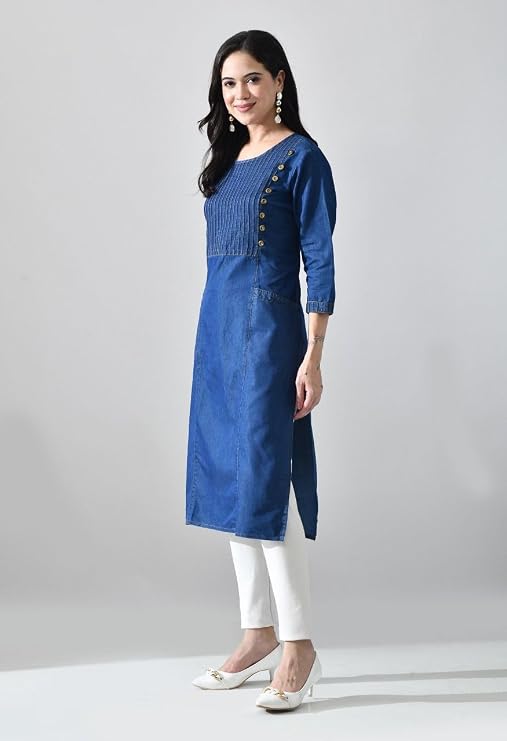 Indigo Blue Denim Long Kurti with Pleated and Side Button Detailing on Yoke - Image 6