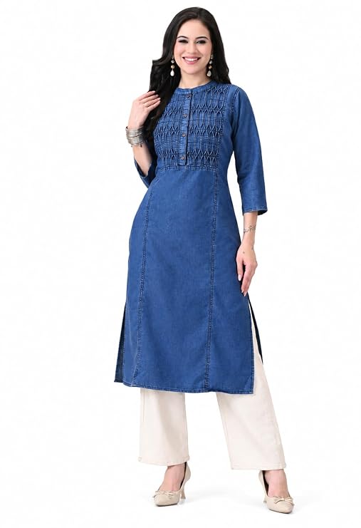 Denim Long Kurti with Beautiful Hand-Textured Detailing