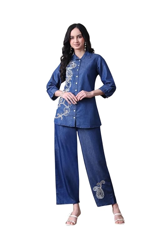Denim Elegance Dual Colour Artistic Dori Embroidery Coord Set