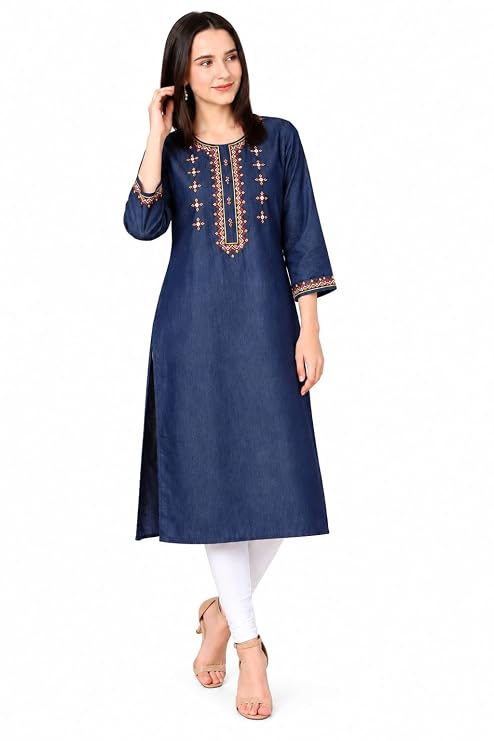 Dark Blue Denim Long Kurti with Elegant Multicolor Embroidery