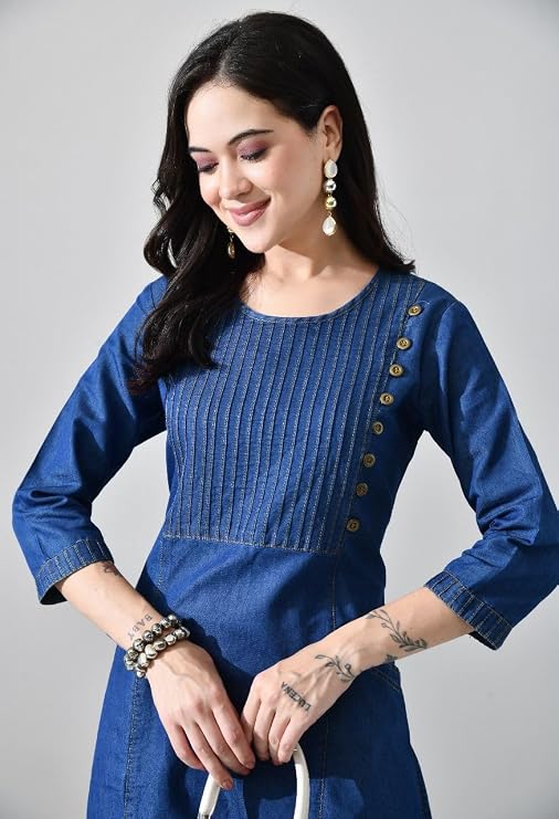 Indigo Blue Denim Long Kurti with Pleated and Side Button Detailing on Yoke - Image 3