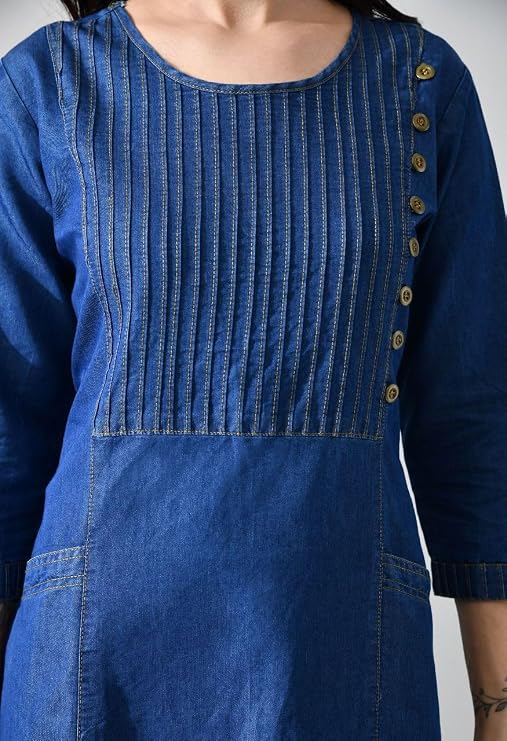 Indigo Blue Denim Long Kurti with Pleated and Side Button Detailing on Yoke - Image 4