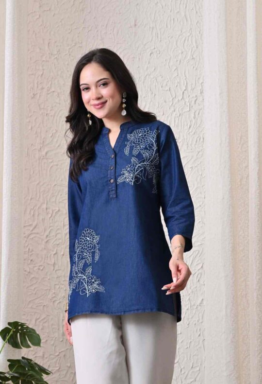 Women's Blue Embroidered Denim Tunic Top
